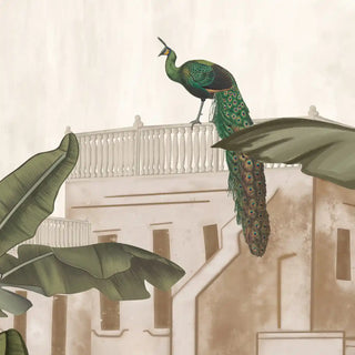 A detailed close-up of the hand-painted peacock perched on the haveli balustrade amidst tropical palms.