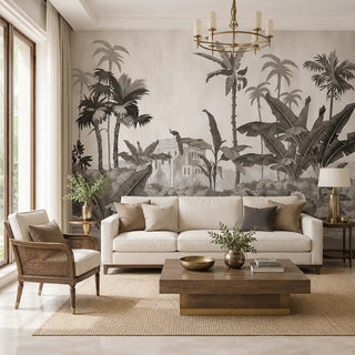 Sayonee black and white tropical landscape wallpaper styled behind a modern cream sofa in a bright, sun-lit lounge view-livingroom