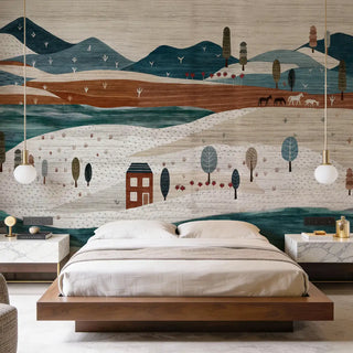 A luxury bedroom featuring The Quilted Village mural as a feature wall behind a modern low-profile wooden bed.