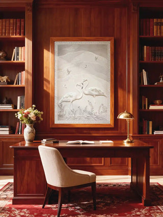 Frameless Sculpted Song wall art poster framed in wood, displayed in a classic wood-paneled home office.