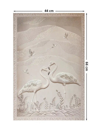 Full design layout of Sculpted Song poster showing flamingos and birds with dimensions 44 cm by 66 cm.
