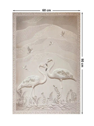 Full design layout of Sculpted Song poster showing flamingos and birds with dimensions 60 cm by 90 cm.