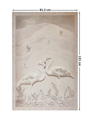 Full design layout of Sculpted Song poster showing flamingos and birds with dimensions 81.2 cm by 121 cm.