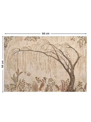Full pattern view of The Secret Garden embroidered wall art in Blush & Bronze, measuring 66cm by 44cm, featuring a willow tree, birds and fern fronds on linen.