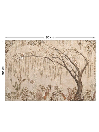 Full pattern view of The Secret Garden embroidered wall art in Blush & Bronze, measuring 90cm by 60cm, featuring a willow tree, birds and fern fronds on linen.