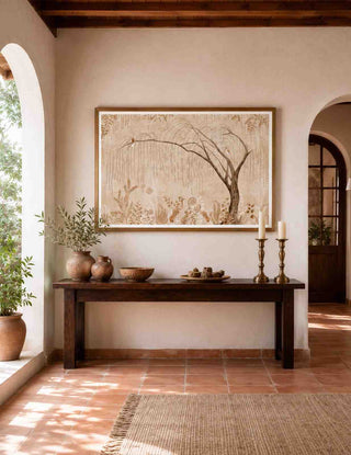 The Secret Garden framed landscape art print providing an expansive heritage focal point above a rustic bench in a terracotta-tiled entryway hallway.