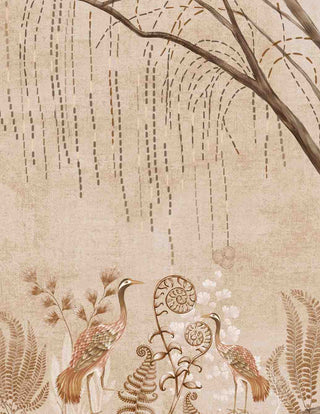 A high-resolution close-up showing the two detailed crane birds standing amidst ferns and forest grasses in sepia tones.