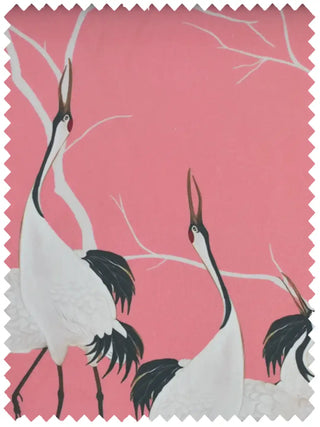 A high-resolution swatch of Sedge fabric featuring hand-painted white cranes and ivory branches on a vibrant pink ground.