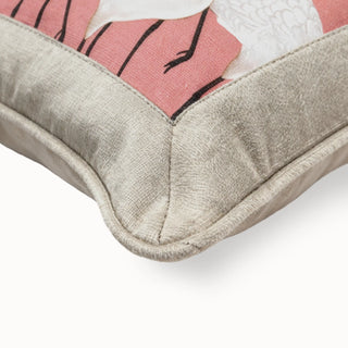 Close-up of the Sedge Serene Cranes Cushion corner showing the beige velvet border and piping.