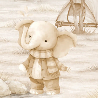 A detailed sepia watercolor close-up of a hand-painted elephant wearing a scarf and coat from the Animals Jungle Camp mural.