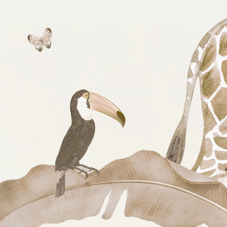 A detailed watercolor close-up of a hand-painted toucan and butterfly on a banana leaf from the sepia jungle mural.