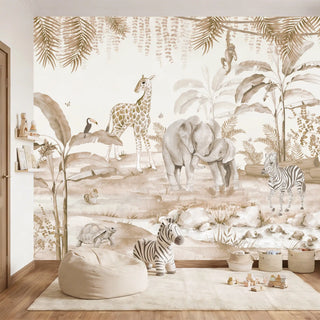 A sophisticated kids' bedroom featuring the sepia safari mural behind a cream beanbag and natural toy baskets.