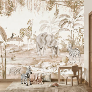 A luxury playroom setting featuring the sepia jungle mural behind a wooden desk and toy zebra.