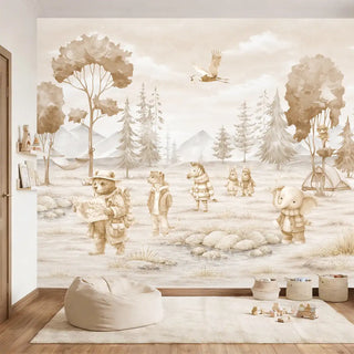 A sophisticated kids' bedroom featuring the sepia Animals Jungle Camp mural behind a cream beanbag and natural toy bins.
