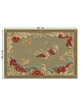 Full pattern layout of the Seraphim wall art in sage green, shown at 121 cm by 81.2 cm dimensions with phoenix, pegasus, stag and celestial motifs