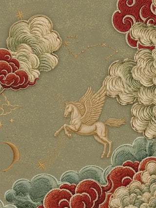 Close-up detail of an embroidered gold pegasus in flight through ivory and vermilion clouds, highlighting the fine brushwork-like stitching of the Seraphim wall art