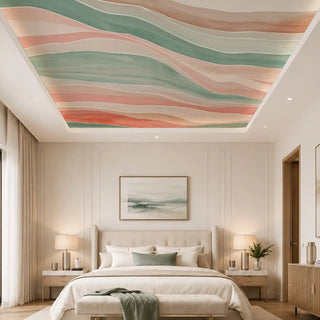 The Serene Ocean Watercolour Pink abstract wave ceiling wallpaper mural styled seamlessly inside a luxury modern master bedroom cove view-ceiling