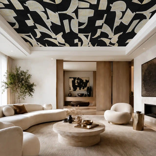The Serene Strokes monochrome abstract geometric ceiling wallpaper mural styled seamlessly inside a luxury modern living room within a tray ceiling niche view-ceiling
