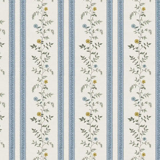 A close-up of blue and beige striped wallpaper with delicate floral vines in yellow and soft blue.