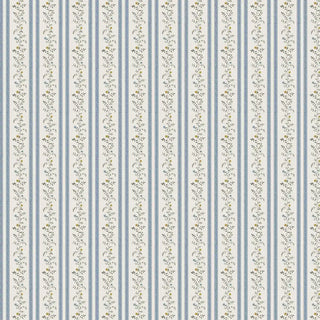 A full wall covered with blue and beige floral striped wallpaper, highlighting the repeating vertical pattern.