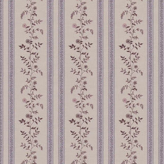 Lavender and beige striped wallpaper with delicate vertical floral vines in soft purple tones.