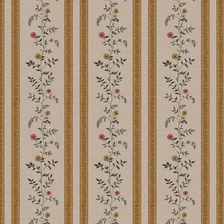 Mustard and beige striped wallpaper with delicate vertical floral vines in soft red, yellow, and green.