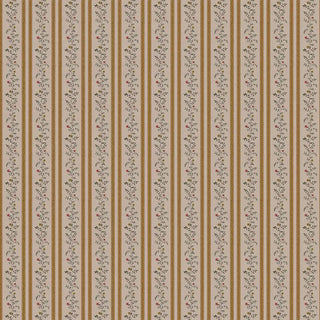 A full repeat view of the mustard and beige floral stripe wallpaper showing alternating vines and textured stripes.