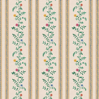 A detailed view of beige striped wallpaper with yellow, red, pink, and blue floral vines.