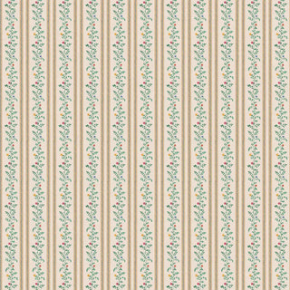 Full wallpaper design showing repeating vertical beige stripes with yellow and multicolored floral accents.