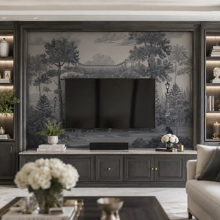 A navy and grey vintage wallpaper featuring classical arches, tall palm trees, and black panthers, styled in a wooden TV console with floral decor. view-tvpanel
