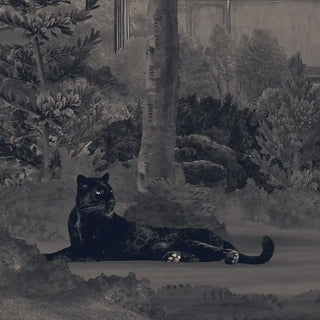 A close-up of the wallpaper showing a black panther resting beneath tall trees with intricate detailing in navy and grey tones.