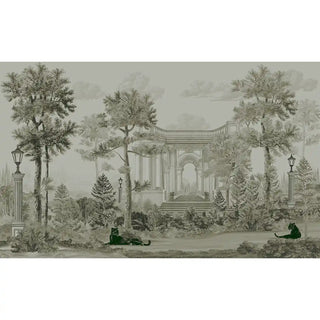 A section of the wallpaper highlighting the architectural arch, palm trees, and garden setting with panthers in pastel green hues.