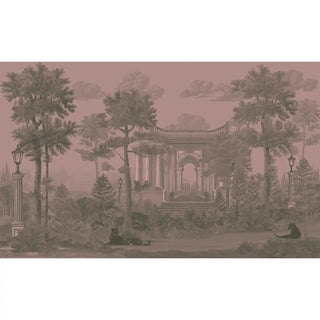 A section of the wallpaper highlighting the architectural arch, palm trees, and serene landscape in vintage pink and green tones.