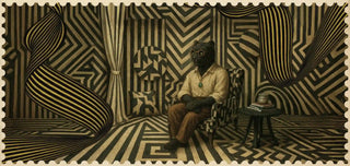 Surrealistic artwork of a person with animal features sitting in a room with geometric patterns.