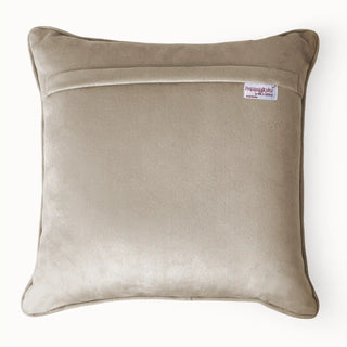 Back view of the cushion cover showing the solid taupe velvet backing and zipper.