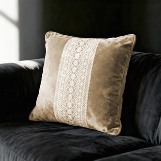 Single taupe velvet cushion cover with lace border displayed on a light couch.