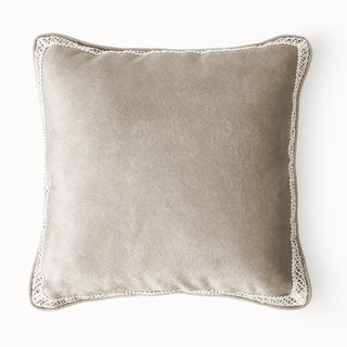 Full studio view of the Serra Bloom Dew Cushion Cover with taupe velvet and white lace trim.