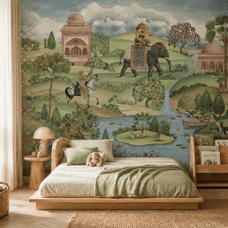 Bedroom with a large decorative wall mural featuring shaan wallpaper for kids room. view-kids