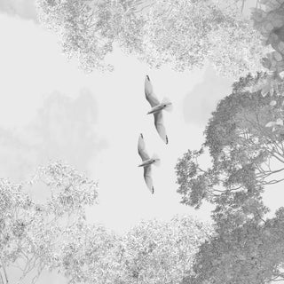 Close up of the Shadow Nest mural showcasing the intricate texture of soaring birds and delicate leaf details.