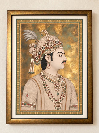 Shahenshah-e-Riyasat framed wall art: Mughal miniature emperor in pearls and a plumed turban on burnished gold, wooden frame with ivory mount