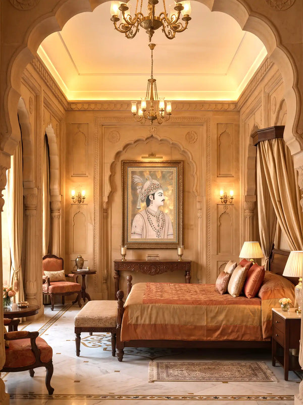 Shahenshah-e-Riyasat wall art in a gilt frame above a carved wooden console in a sandstone-arched bedroom with a brass chandelier and copper silk bedding
