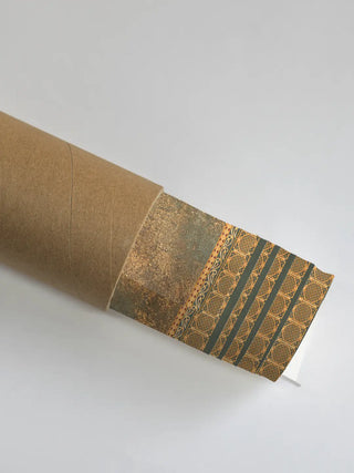 Shahenshah-e-Riyasat wall art in ivory and antique gold in rolled packaging, the gold zari border visible at the mouth of a kraft shipping tube