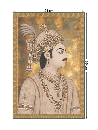 Shahenshah-e-Riyasat wall art in ivory and antique gold with jade and ruby jewellery detail, full design shown at 44 x 66 cm dimensions