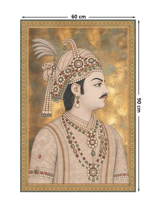 Shahenshah-e-Riyasat wall art in ivory and antique gold showing the jewelled Mughal profile portrait, full design at 60 x 90 cm dimensions