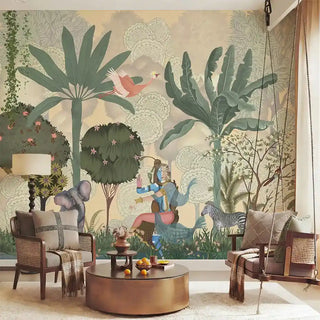 A grand living room featuring the Shiv Shakti mural behind wooden cane chairs and a traditional indoor swing.