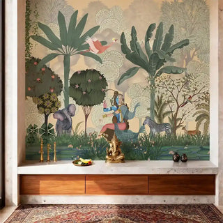 A luxury prayer room niche featuring the Shiv Shakti Beige mural behind a Ganesha idol on a marble altar.