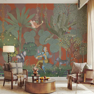 A grand living room featuring the Shiv Shakti Rust mural behind wooden cane furniture and an indoor swing.