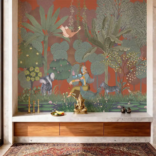 A luxury prayer room niche featuring the Rust spiritual mural behind a marble altar and Ganesha idol.
