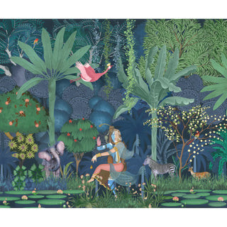 Full pattern layout of Shiv Shakti wallpaper featuring a celestial muse, tropical foliage, elephant, zebra, deer, and lotus pond in deep teal tones.