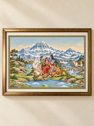 Shiva Shakti Parivar framed wall art: Shiva's family in a snowy Himalayan landscape, landscape wooden frame with ivory mount